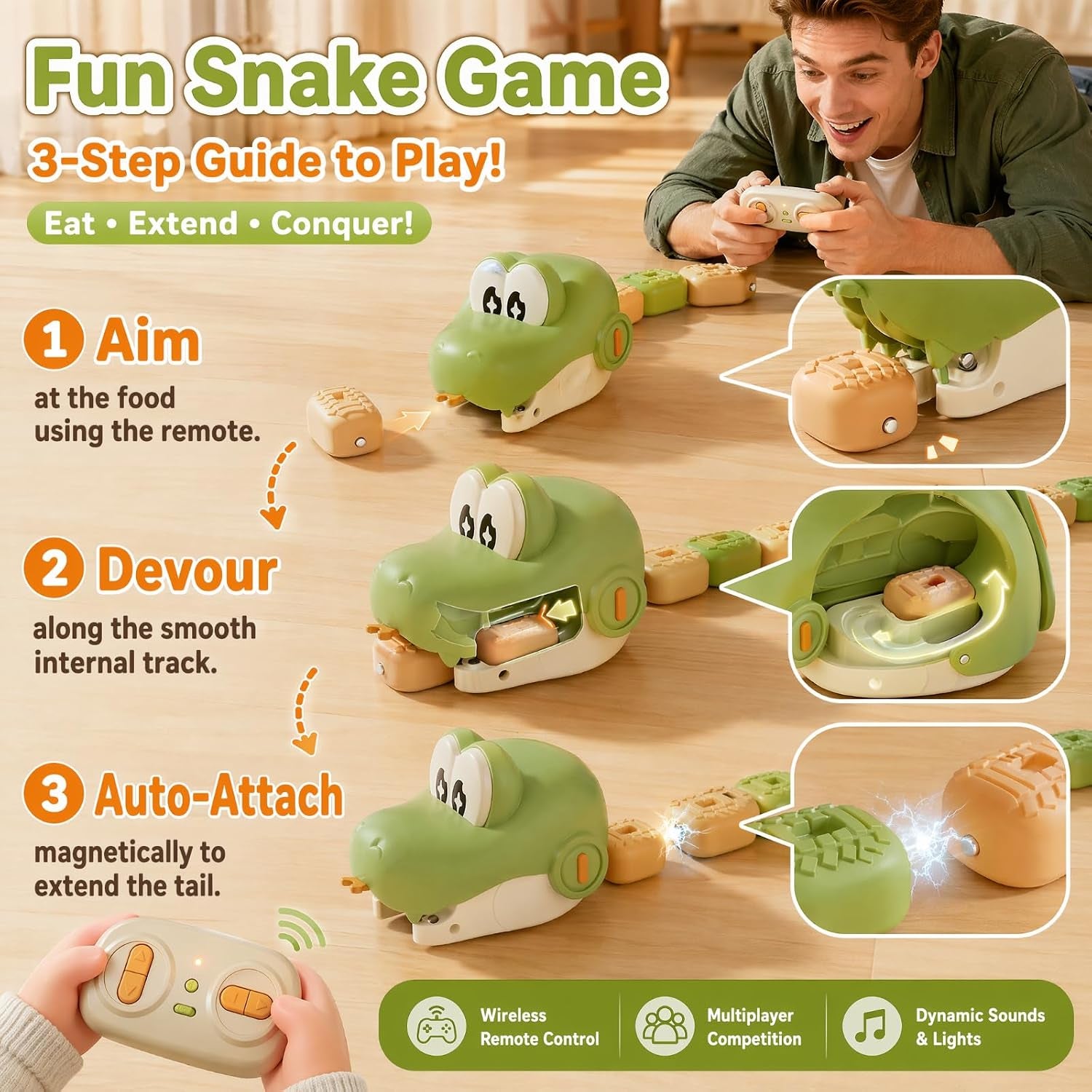 Magnetic Snake Game Toy Eating Itself with Sound & Light for Kids Gift