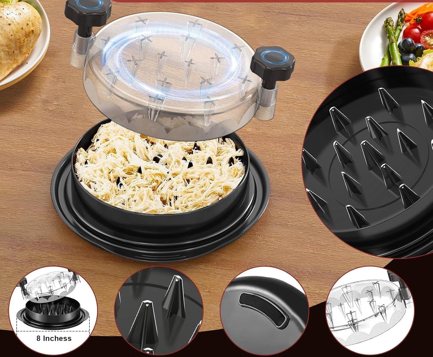 Chicken Shredder 8 Inches, Chicken Shredder Tool Twist for Pork Beef Chicken, Meat Shredder, Clear Lid, Ergonomic Handle, Strong Anti-Slip, BPA Free, Easy to Clean, Dishwasher Safe (Black)